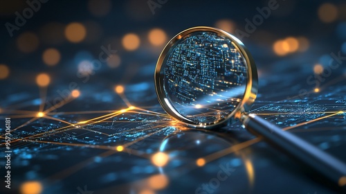 Wallpaper Mural A 3D magnifying glass hovering over a digital network, revealing hidden data, symbolizing search engine precision Torontodigital.ca