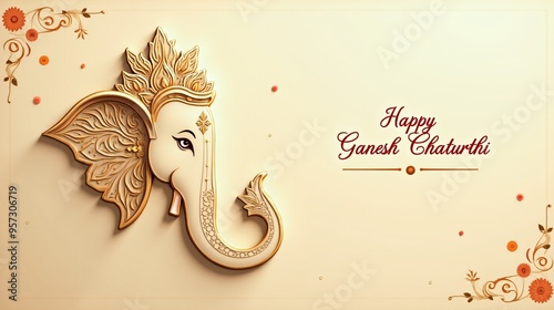 Ornate Ganesh Chaturthi Greeting with Elegant Ganesha Illustration on Cream Background
