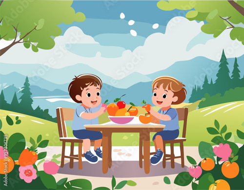 cartoon group of children sitting at the table and eating fresh fruit, illustration vector