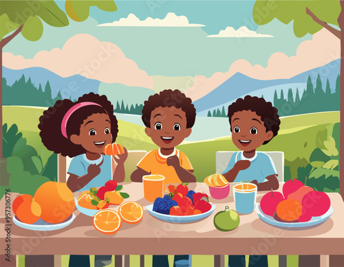 cartoon Group of little cute kids eating fruits at summer camp. Vector illustration