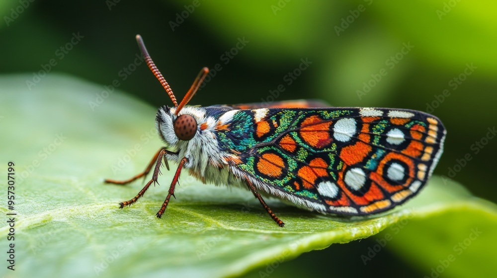 Fototapeta premium A detailed view of a small, colorful moth resting on a leaf, with its patterns and colors vividly contrasting against the green of the leaf and the natural background.