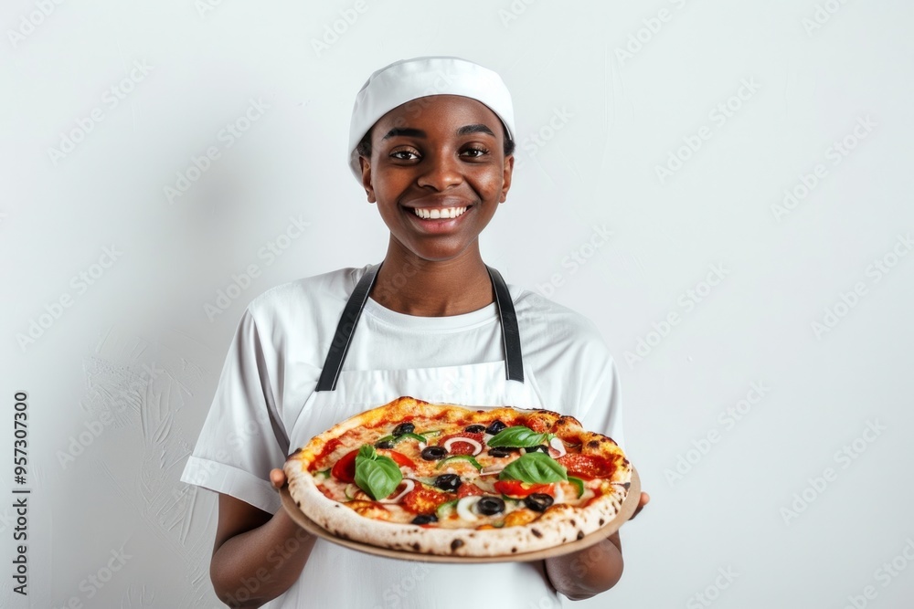 Smiling chef with freshly baked basil and olive pizza Smiling chef with freshly baked basil and olive pizza