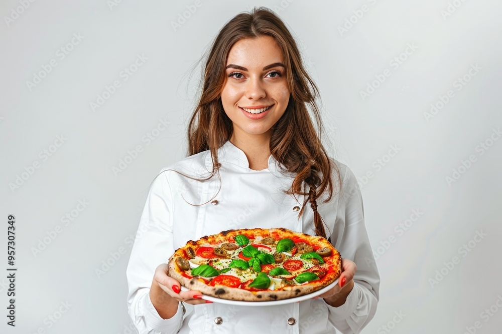 Smiling chef holding delicious italian pizza with fresh basil and tomato toppings Smiling chef holding delicious italian pizza with fresh basil and tomato toppings