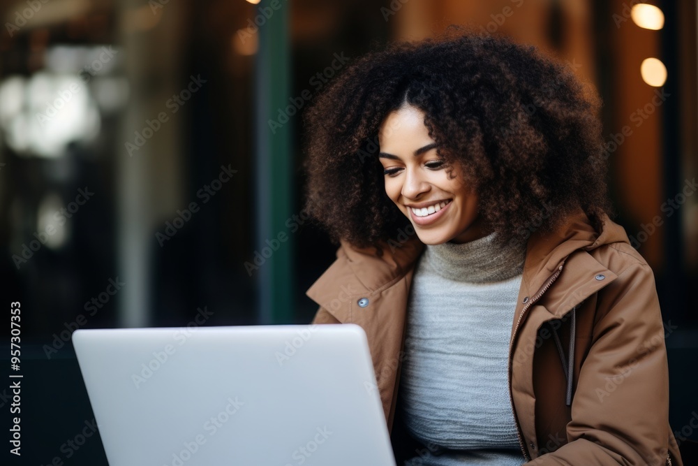 Fototapeta premium Smiling woman with curly hair using laptop outdoors on a cozy day
