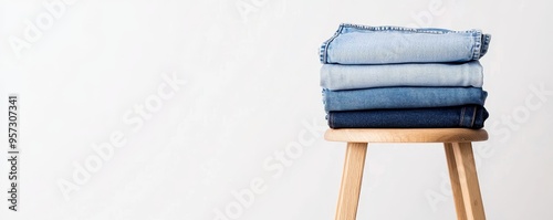 A stack of classic blue jeans arranged on a minimalist wooden stool, emphasizing the variety of washes and styles in denim fashion