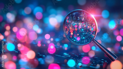 A 3D magnifying glass focusing light beams on search results floating in a virtual space, symbolizing precision in search