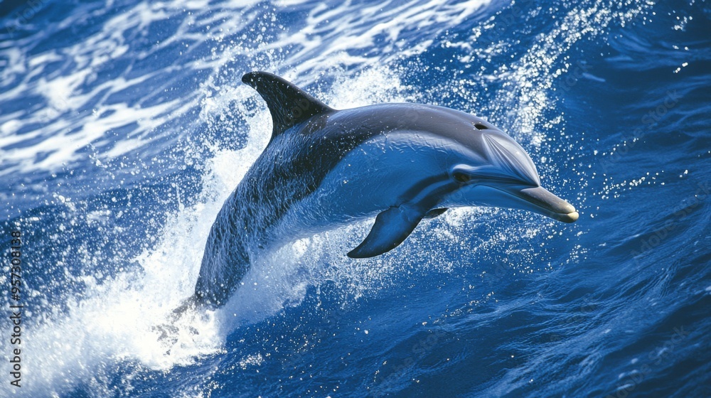 Fototapeta premium A dolphin diving back into the deep blue sea, with its tail fin raised high and the ocean waves gently rippling around, capturing a moment of natural beauty and grace