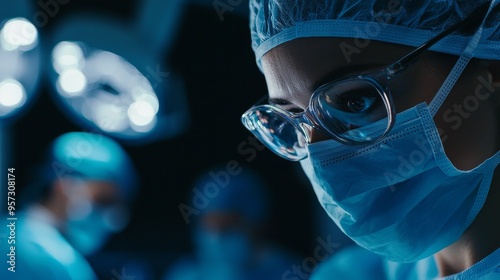 In the operating room, a surgeon s eyes convey calm and control, surrounded by her team as they perform a critical medical procedure photo