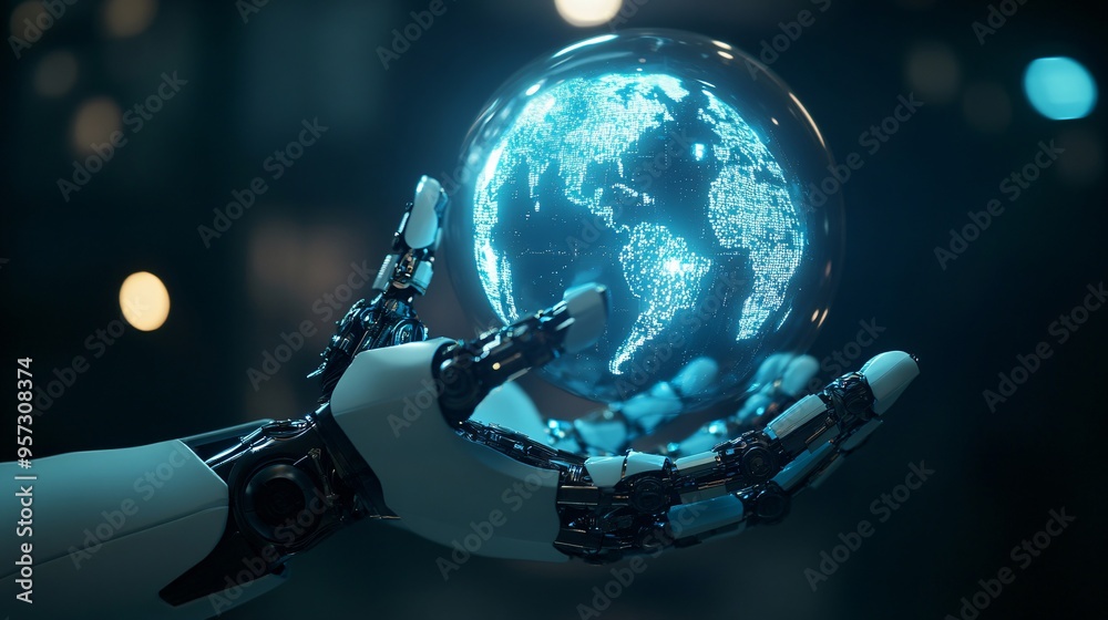 An AI-powered robot holding a glowing holographic world, symbolizing the future of global connectivity An AI-powered robot holding a glowing holographic world, symbolizing the future of global connectivity