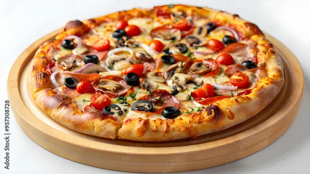 Tasty pizza with cheese, dry smoked sausages, olives, pepper and tomato isolated on white Tasty pizza with cheese, dry smoked sausages, olives, pepper and tomato isolated on white