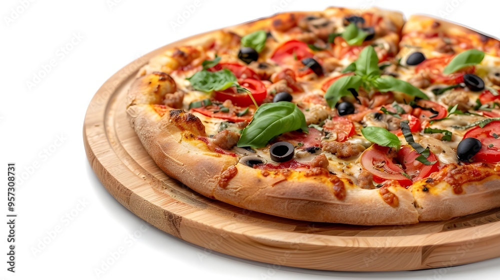 Tasty pizza with cheese, dry smoked sausages, olives, pepper and tomato isolated on white