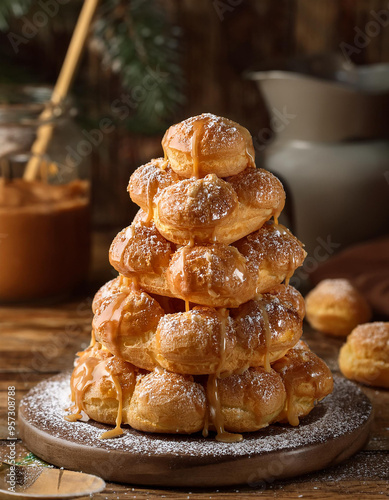 French croquembouche, towering dessert made of cream-filled choux pastries with caramel photo