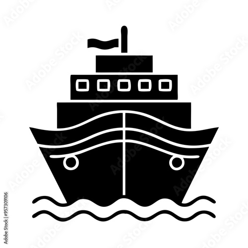  Ship silhouette sailing on waves with a flag