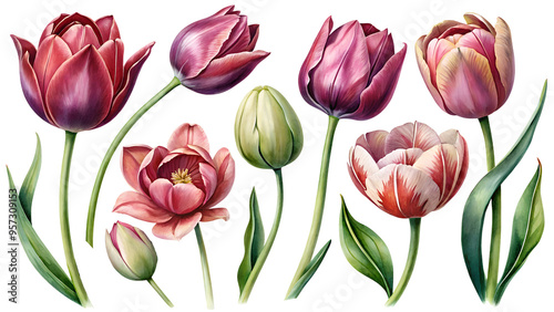 Flower clipart with purple and soft pink tulips. Ideal for greetings, cards, packaging, spring designs, botanical illustrations and creative projects.