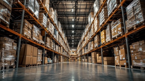 Vast Warehouse Interior with Towering Shelves and Stacks of Boxes