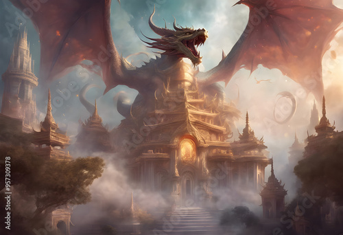 Epic Dragon Guarding an Ancient Fantasy Temple in a Mystical Kingdom. Generative AI.