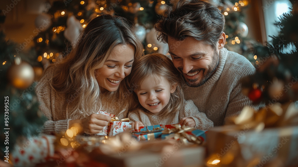 Young couple and their kids, all wearing matching Christmas clothes, taking selfie in beautifully lit Christmas tree Young couple and their kids, all wearing matching Christmas clothes, taking selfie in beautifully lit Christmas tree