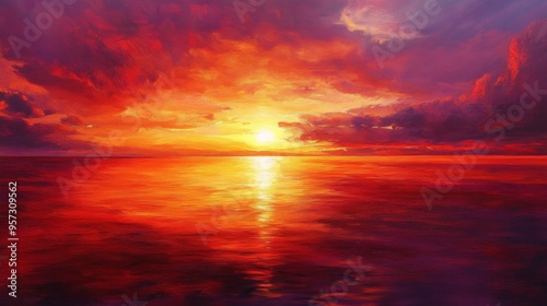 A dramatic sunset with deep red and orange hues painting the sky, reflecting off calm waters, capturing the breathtaking beauty of nature's red spectrum.