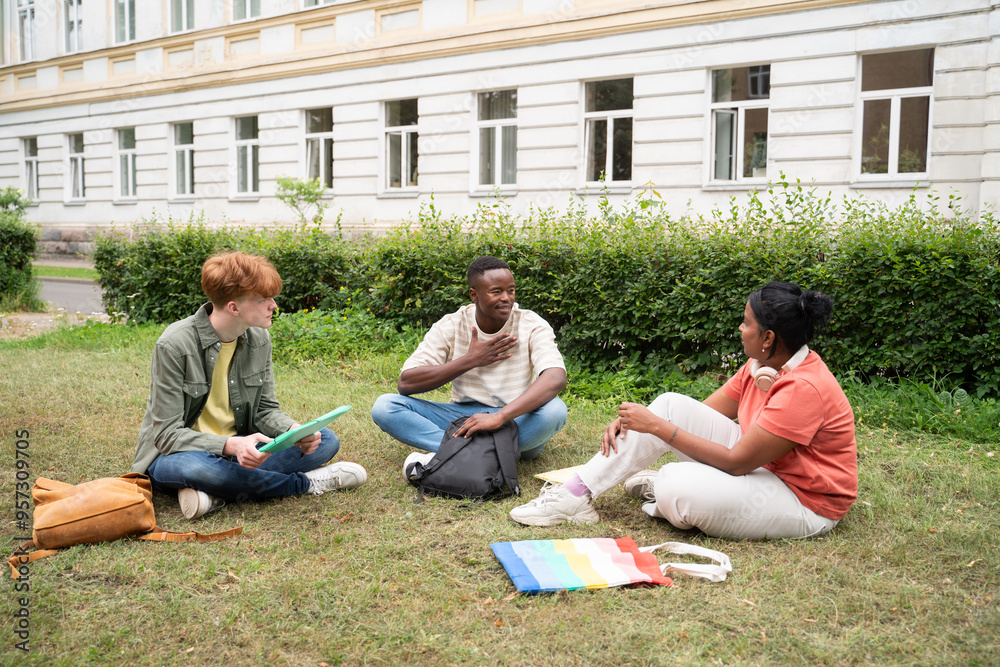 Students talking while sitting on lawn Students talking while sitting on lawn