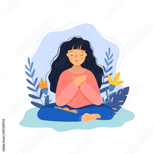 Woman doing meditation, vector illustration in flat style. Mental health and Healthy lifestyle concept