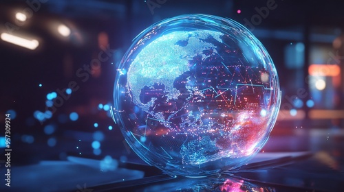 A glowing AI-powered predictive model visualized as a holographic globe with data points, symbolizing global forecasting and analysis