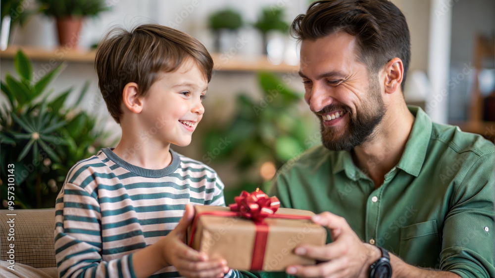 Father and son giving gift box to each other in living room at home Father and son giving gift box to each other in living room at home