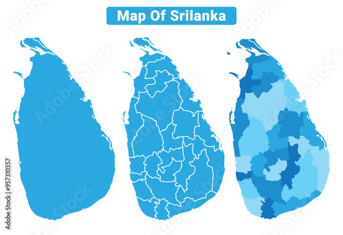 Vector Blue Sri Lanka political maps with borders regions simple flat illustration set 