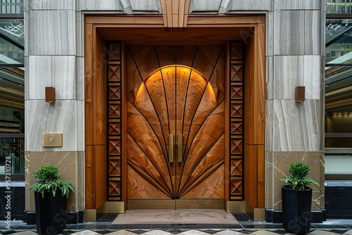 The front door of a building has a gold trim and is made of wood
