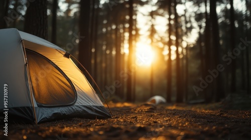 A green and white camping tent set up in a forest during sunset, with the warm golden light filtering through the trees, creating a cozy and peaceful outdoor scene.