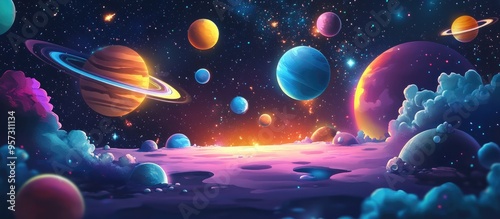 2D illustration featuring a cartoon style cosmic backdrop with deep space elements including stars planets and moons representing imaginative science fiction themes