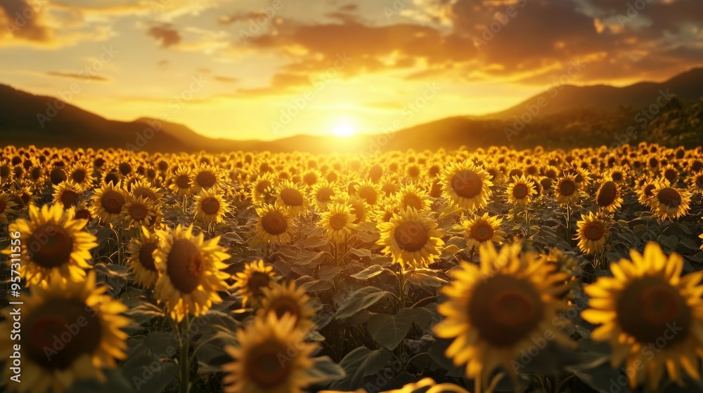 Obraz premium A field of sunflowers in full bloom, all facing towards the setting sun, with warm golden light bathing the entire landscape, creating a peaceful and uplifting scene.