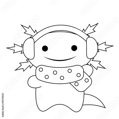 Christmas cute cartoon Axolotl with headphones in black and white