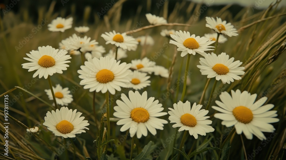 The landscape of white daisy blooms in a field The landscape of white daisy blooms in a field