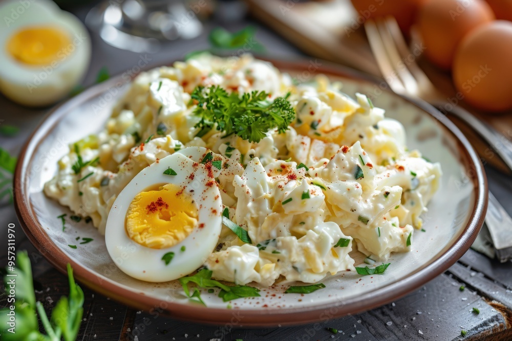 Egg Salad. A Delicious Herb Infused Egg Salad Portion on a Plate Egg Salad. A Delicious Herb Infused Egg Salad Portion on a Plate
