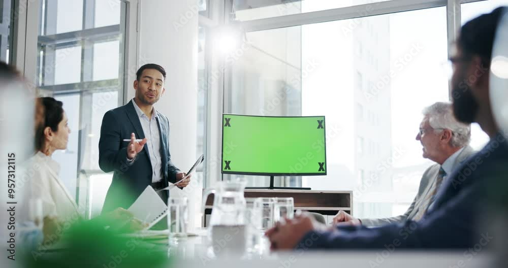 Technology, green screen and businessman with presentation for team in office with finance revenue forecasting. Chroma key, tracking markers and financial planners with computer for investment profit
