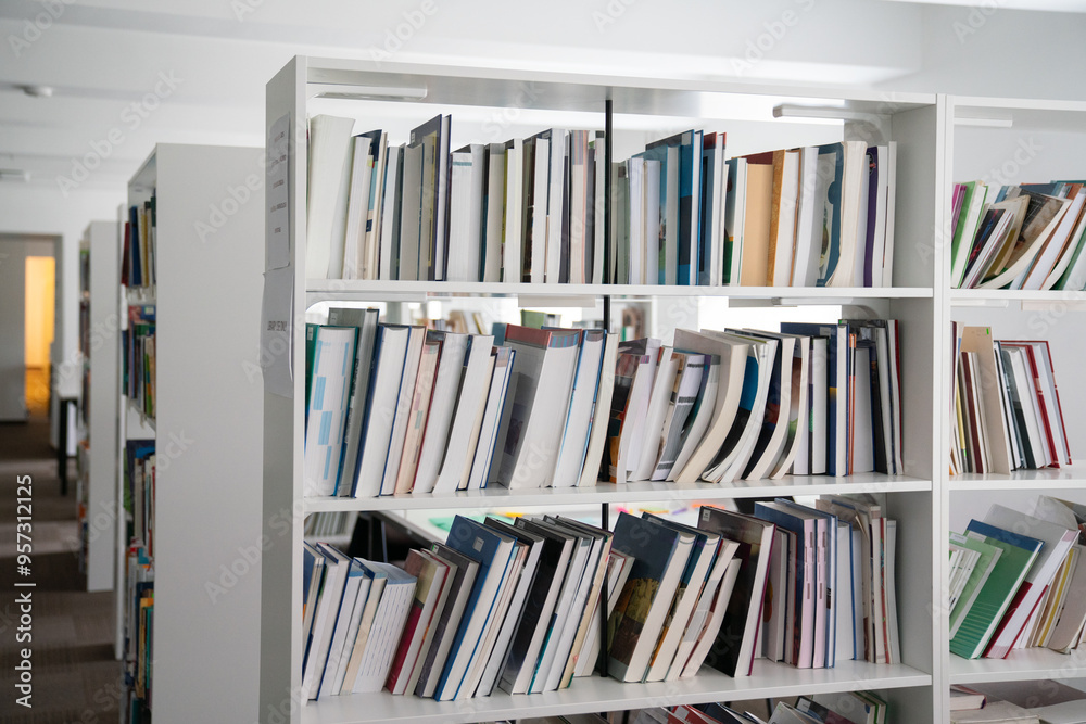 Modern white bookshelves filled with books Modern white bookshelves filled with books