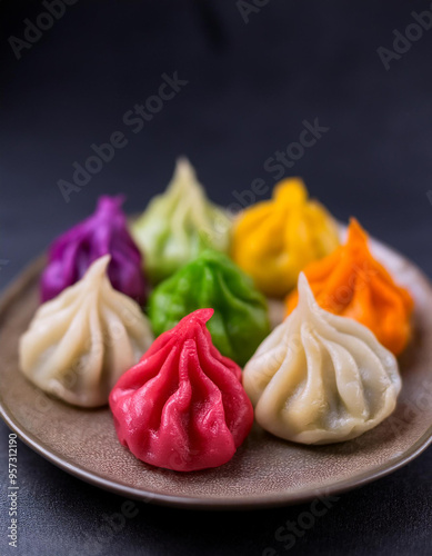 Colorful Ukadiche Modak sweet rice dumplings. Traditional Indian food. Ganesh Chaturthi Festival. photo