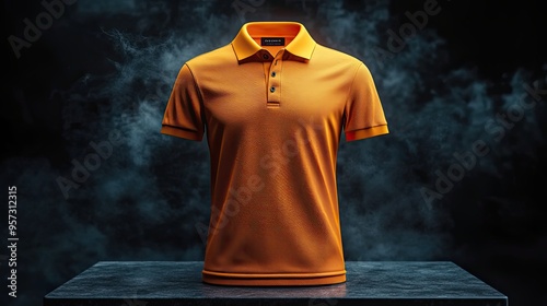 3D Mockup of a yollow polo shirt, showing both the front and back of the shirt on a pedestal, black background with smoke. photo