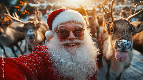 Funny santa claus grandpa making selfie with his reindeer modern lifestyle illustration, Merry Christmas