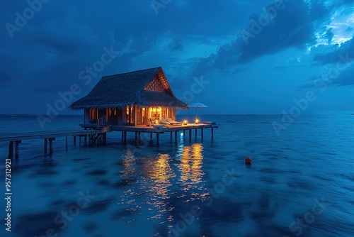 A small house is on a dock in the ocean