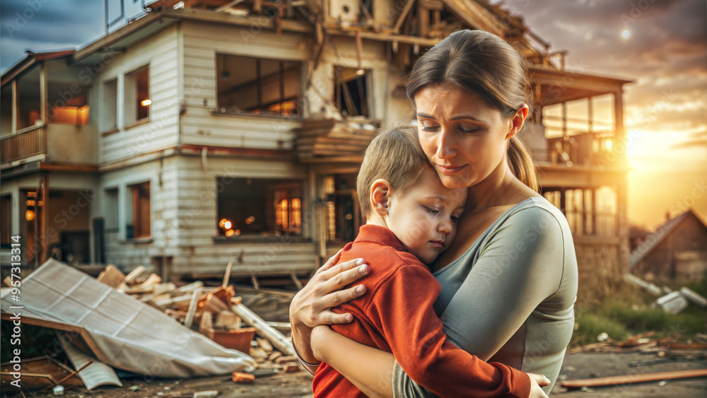 Fototapeta premium Mother and daughter in front of a destroyed house. The concept of family problems.