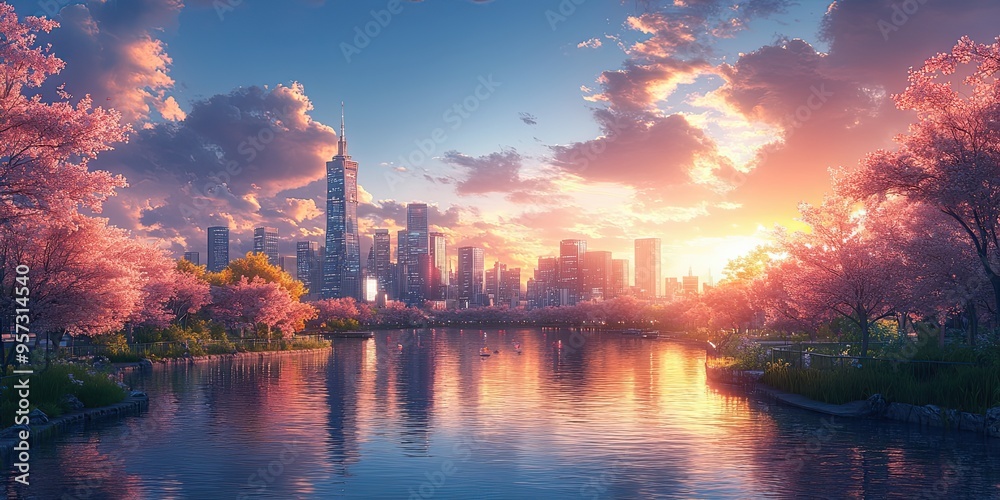 Obraz premium amazing a city skyline with a a cityscape featuring a towering skyscraper a bustling street and a serene river flowing through it png