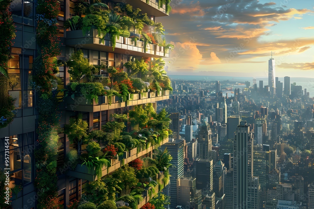 Obraz premium Sustainable Urban Living A Vertical Garden Oasis in the Heart of a Thriving Metropolis