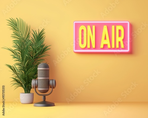 Microphone with illuminated ON AIR sign, radio station backdrop, 3D illustration