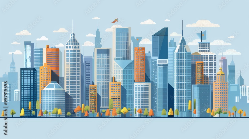 Fototapeta premium A colorful illustration of a modern city skyline with tall skyscrapers and blue skies. Beautiful urban scenery with diverse architectural designs.