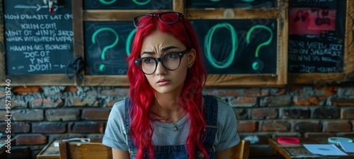 Confused Young Woman With Red Hair and Glasses Standing in Front of Question Marks on Chalkboards photo