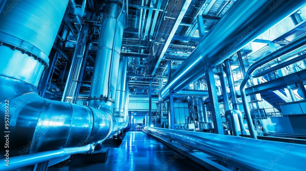 Industrial Pipework in a Blue-toned Facility Industrial Pipework in a Blue-toned Facility