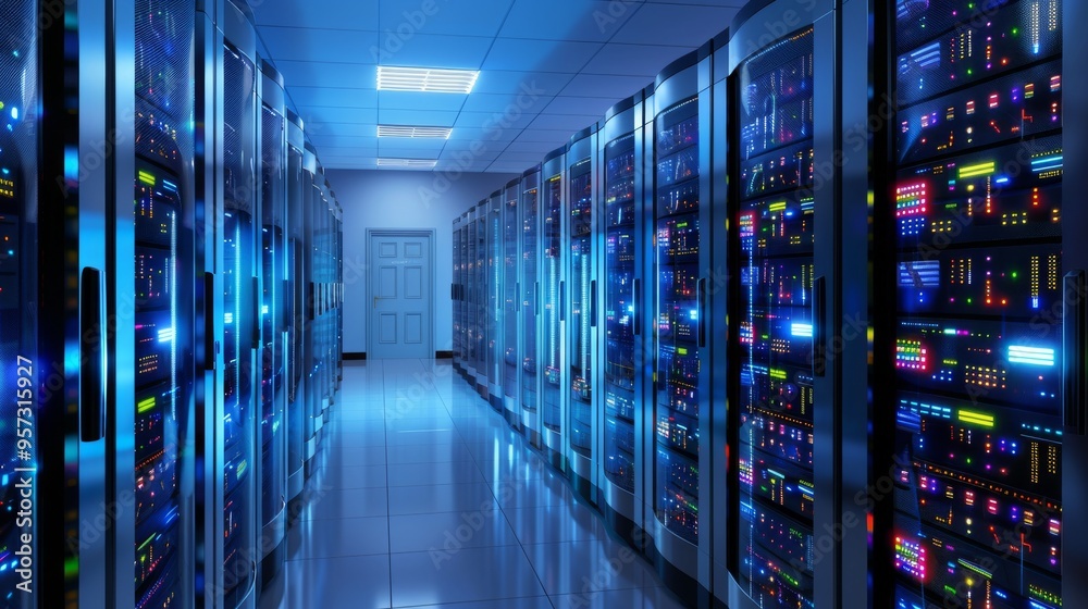 A modern data center interior with rows of server racks illuminated by blue lighting. Technology and network infrastructure concept. A modern data center interior with rows of server racks illuminated by blue lighting. Technology and network infrastructure concept.