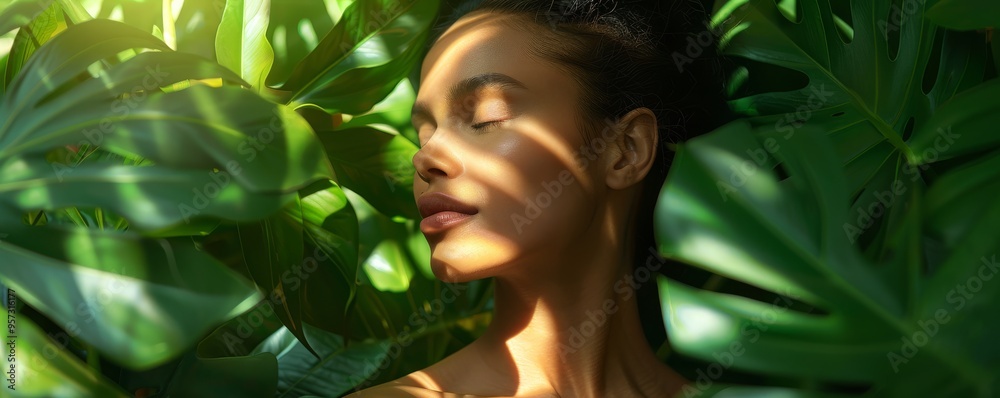 A serene woman relaxes in lush tropical foliage, embraced by sunlight. The captivating scene evokes tranquility and natural beauty. A serene woman relaxes in lush tropical foliage, embraced by sunlight. The captivating scene evokes tranquility and natural beauty.