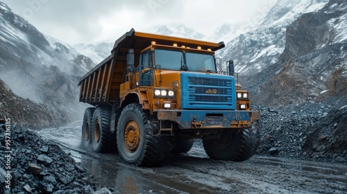 A large yellow dump truck drives on a rocky mountain road, with snow-capped mountains in the background.